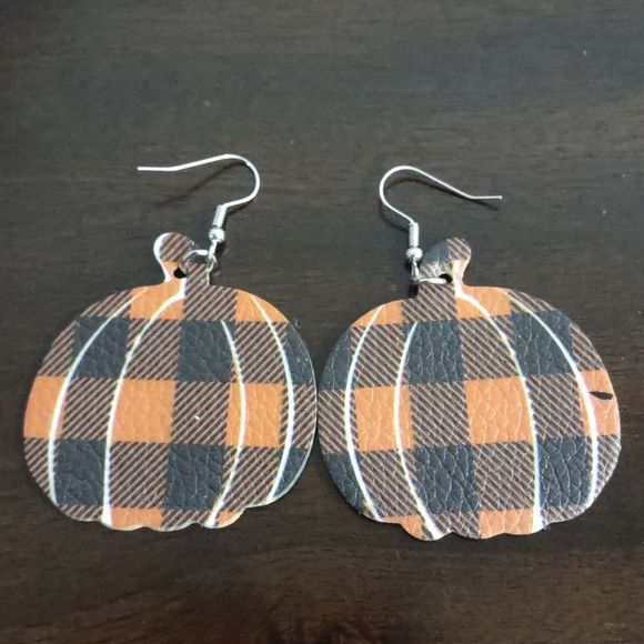 51 1 3/4" Women's Orange Plaid Leather Pumpkin Drop Earrings - Picture 2 of 2